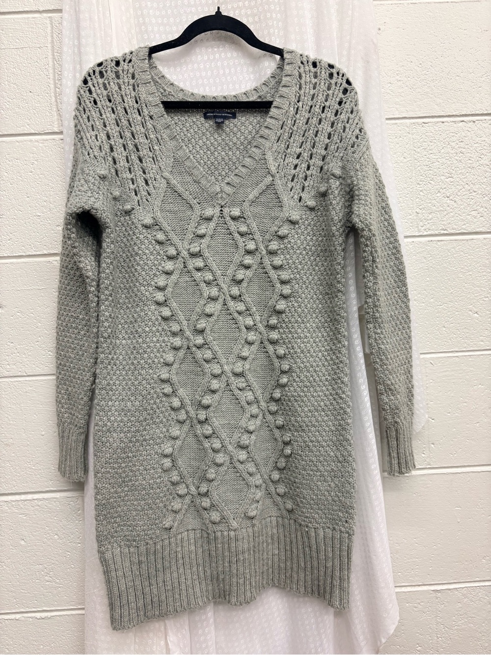 Vintage American Eagle Outfitters Light Gray Cable-Knit V-Neck Sweater Dress
